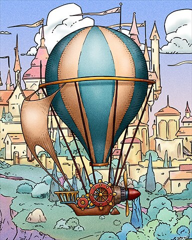 Blue and Tan Steampunk Hot Air Balloons Badge - First Class Solitaire HD
