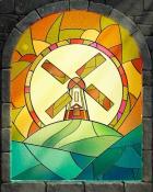 Windmill Landscape Stained Glass Badge - Thousand Island Solitaire HD